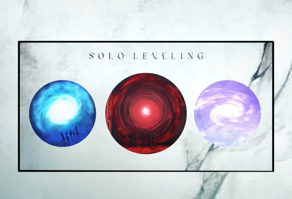 Explicação da origem dos Gates Solo Leveling, com uma montagem dos portais azul, vermelho e roxo, que são o resultado de uma antiga guerra cósmica.