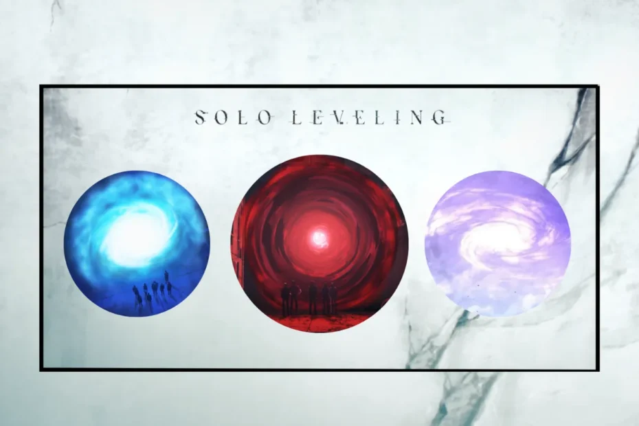 Explicação da origem dos Gates Solo Leveling, com uma montagem dos portais azul, vermelho e roxo, que são o resultado de uma antiga guerra cósmica.
