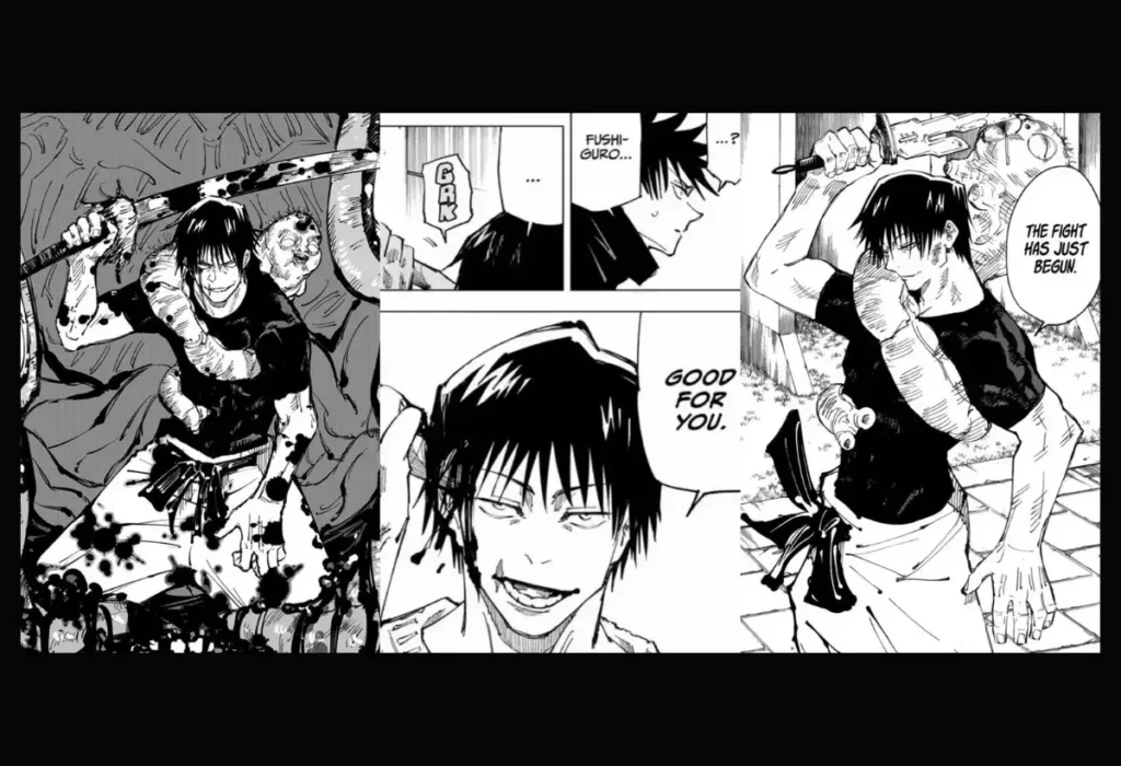 Toji Fushiguro: Quem é o 'Assassino de Feiticeiros' e Qual o Seu Poder? 1 Montagem de painéis do mangá detalhando a origem de Toji Fushiguro, mostrando seu passado como Toji Zenin e o desprezo que sofreu por nascer sem Energia Amaldiçoada.