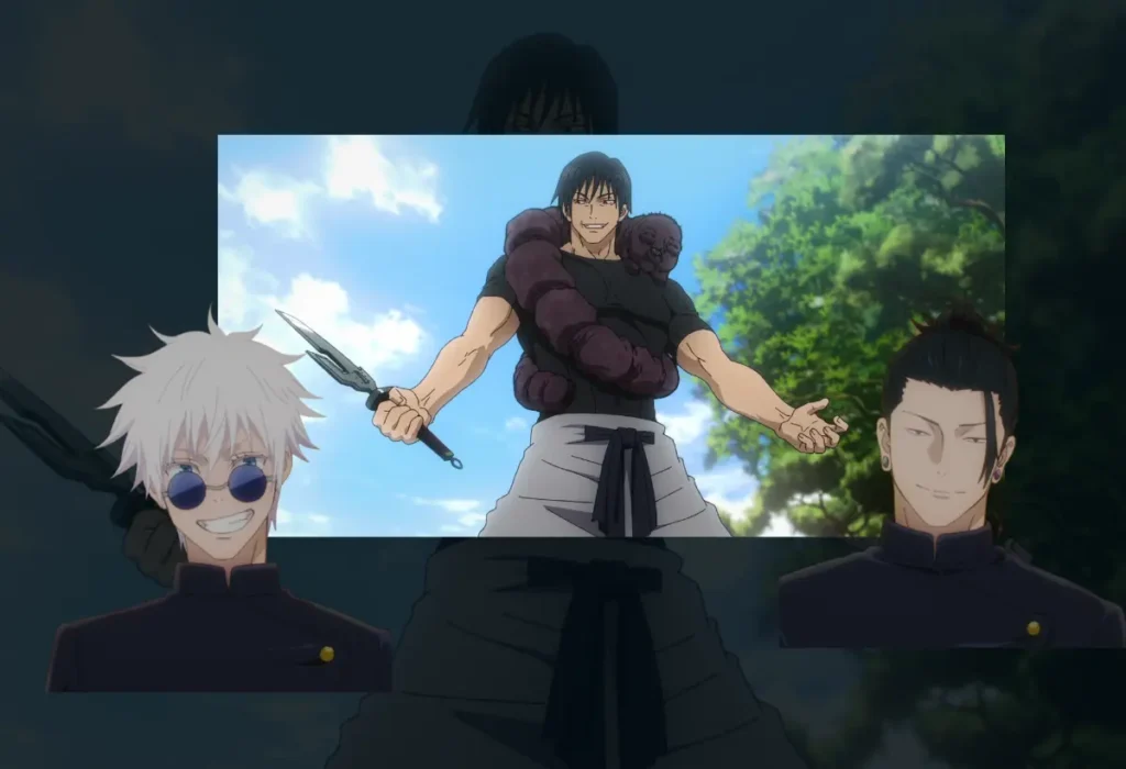 Montagem com os personagens centrais do Arco do Passado de Gojo: o carismático Satoru Gojo, o idealista Suguru Geto em sua jornada de queda, e o implacável Toji Fushiguro.