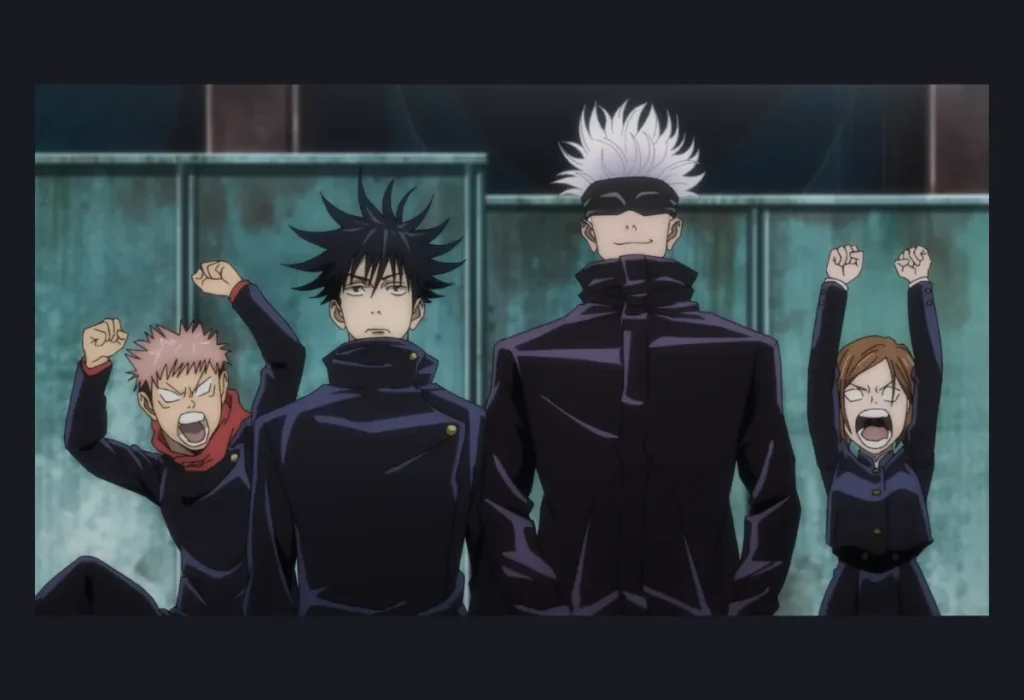 Guia Definitivo da Temporada 1 de Jujutsu Kaisen (Recap e Análise Completa) 8 O carismático quarteto principal de Jujutsu Kaisen, apontado na análise como o 'coração' que tornou a primeira temporada um fenômeno especial.