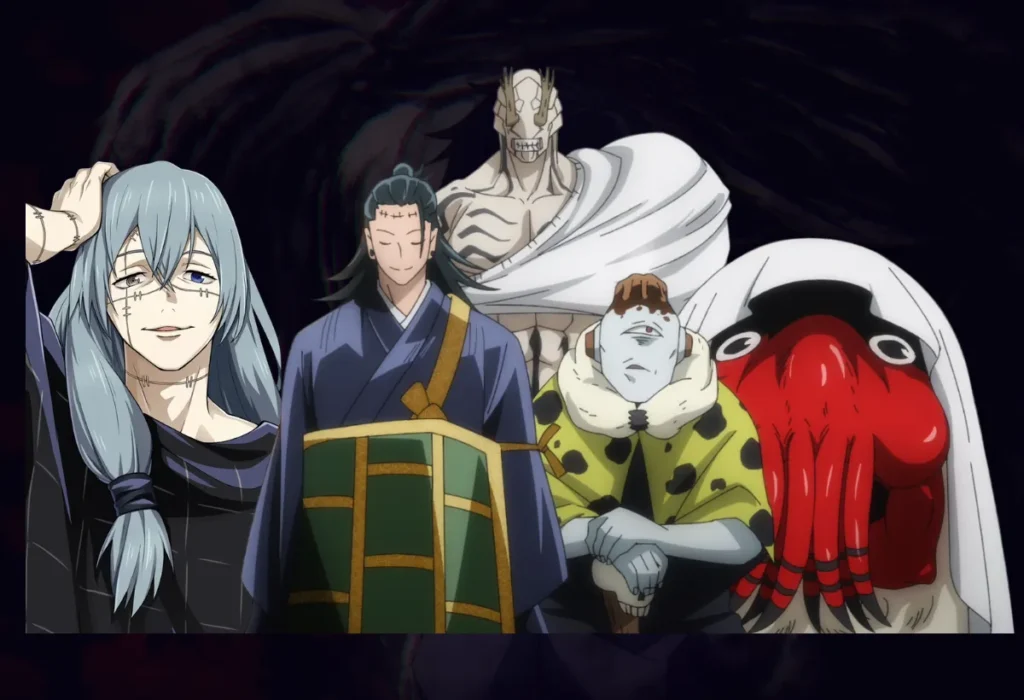 As 5 Principais Dúvidas da Primeira Temporada de Jujutsu Kaisen 2 O grupo de antagonistas de Jujutsu Kaisen, liderado pelo falso Geto (Kenjaku) e Mahito, ilustrando o mistério sobre seu verdadeiro plano na primeira temporada.