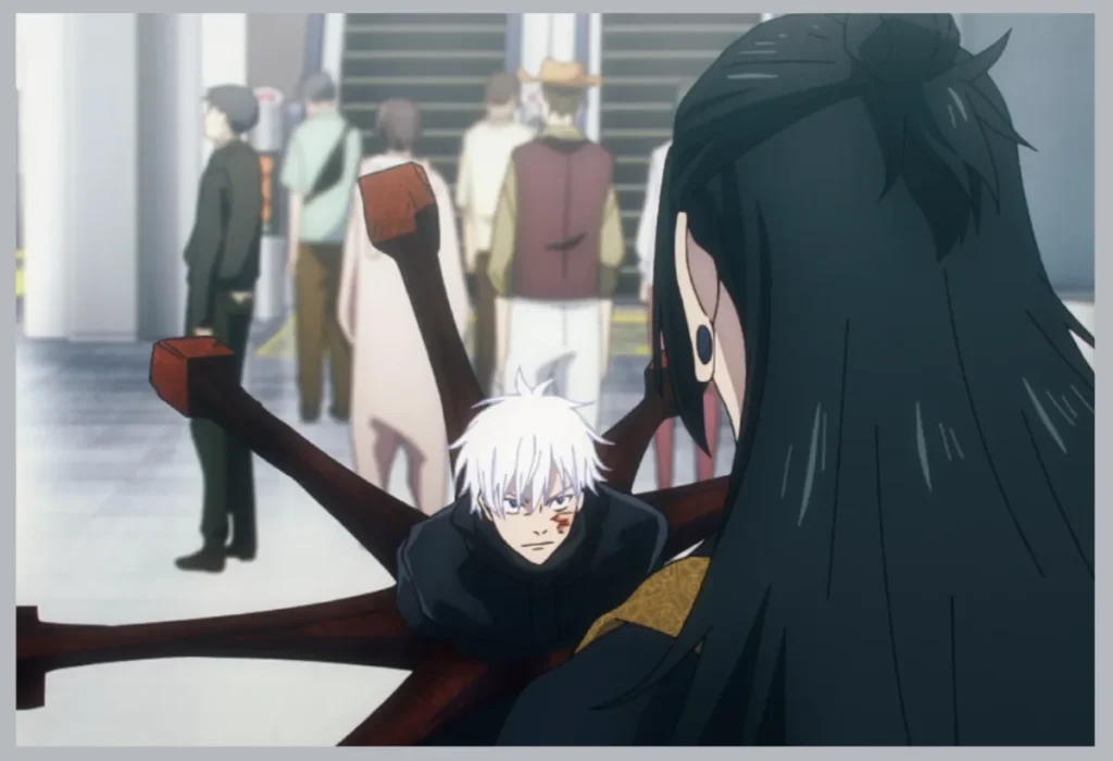 Satoru Gojo confronta Kenjaku no momento de seu selamento, o clímax da 'armadilha perfeita' que explorou a fraqueza emocional do feiticeiro em Shibuya.