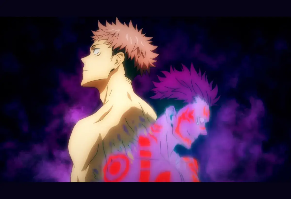 Guia completo sobre os poderes de Yuji Itadori em Jujutsu Kaisen, com montagem mostrando suas diferentes facetas: sua forma normal, seu poder com Energia Amaldiçoada e sua possessão por Sukuna.