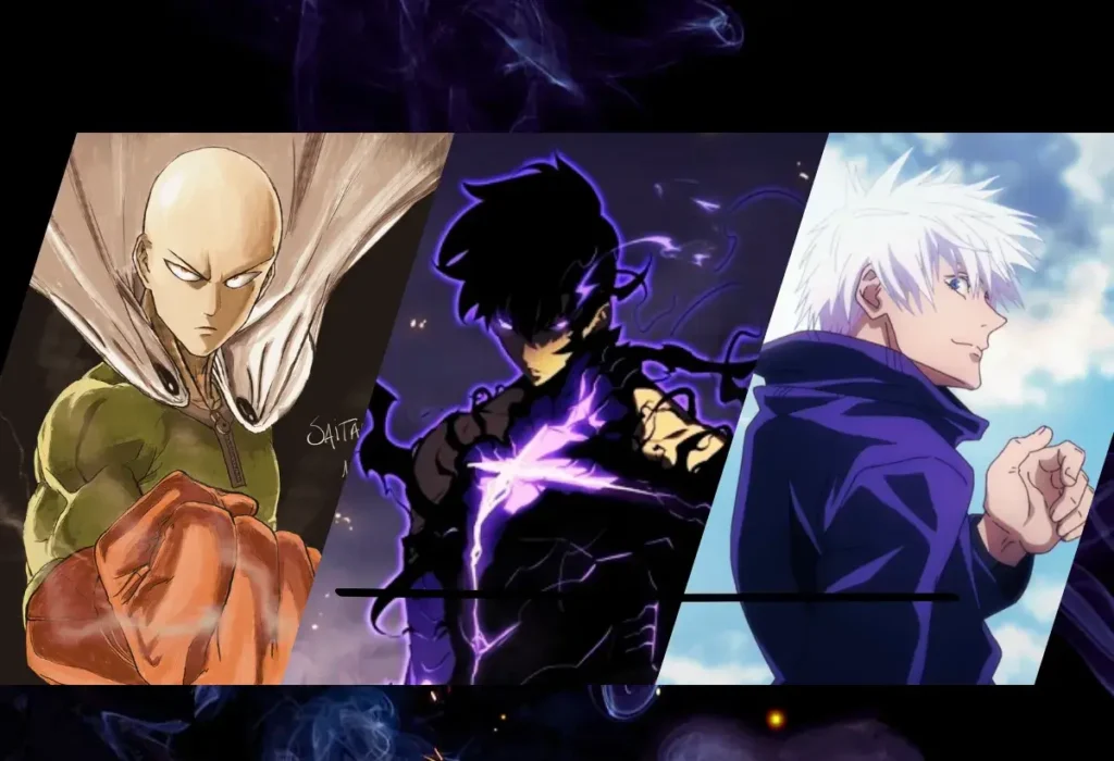 Análise do apelo dos protagonistas overpowered, com montagem de Saitama (One-Punch Man), Sung Jin-Woo (Solo Leveling) e Satoru Gojo (Jujutsu Kaisen).