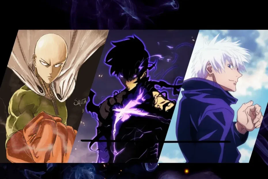 Análise do apelo dos protagonistas overpowered, com montagem de Saitama (One-Punch Man), Sung Jin-Woo (Solo Leveling) e Satoru Gojo (Jujutsu Kaisen).