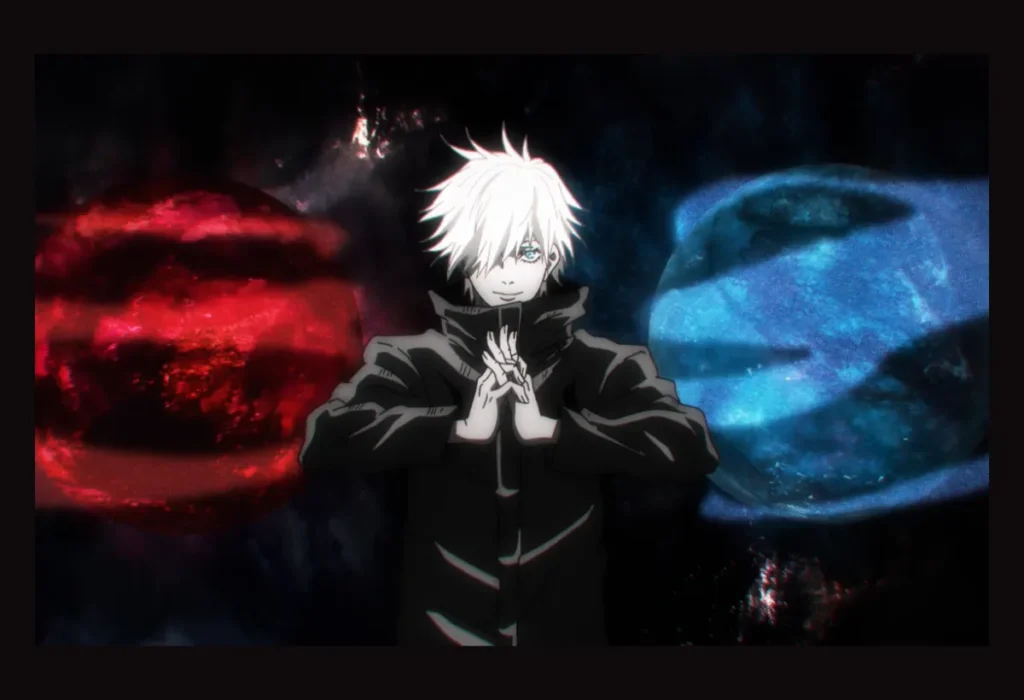 Análise sobre Satoru Gojo em Jujutsu Kaisen, com imagem dele entre suas técnicas Vermelho e Azul, questionando se seu poder é um deus ex machina ou uma construção genial.