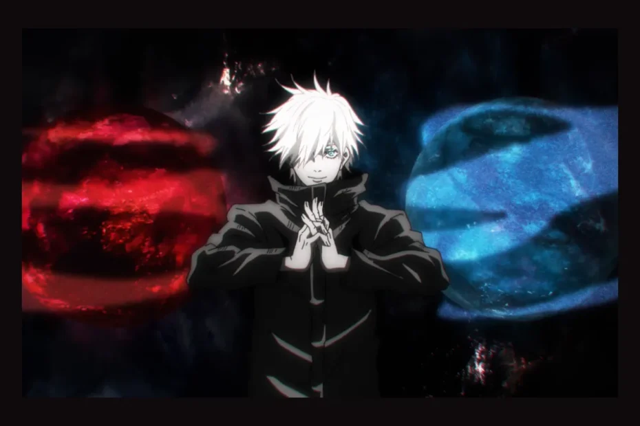 Análise sobre Satoru Gojo em Jujutsu Kaisen, com imagem dele entre suas técnicas Vermelho e Azul, questionando se seu poder é um deus ex machina ou uma construção genial.