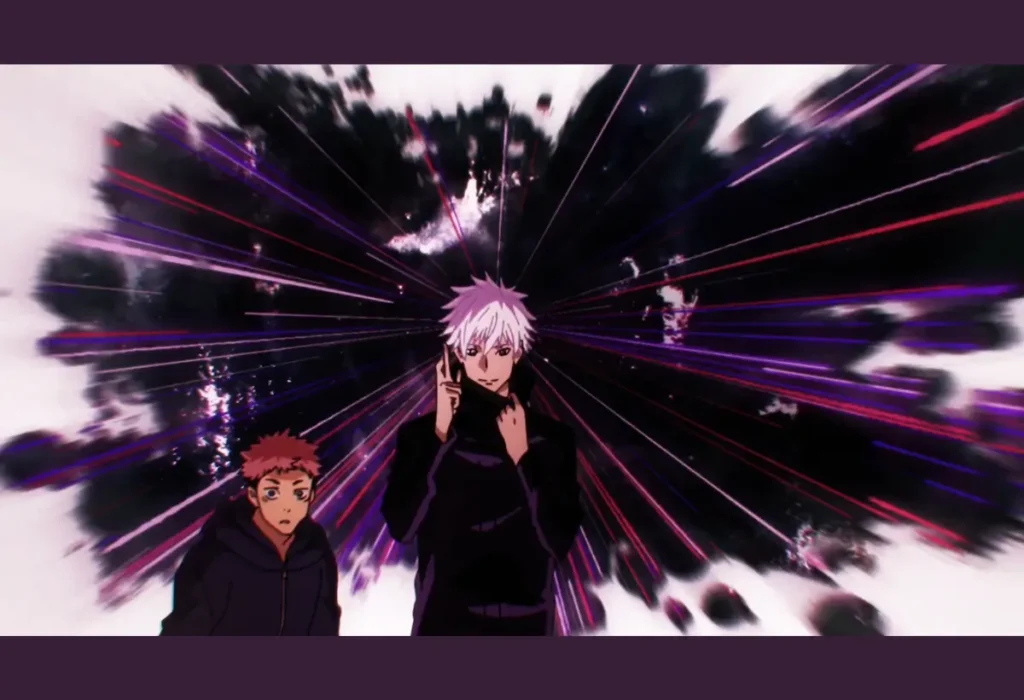 Análise: A Luta de Gojo vs Jogo Foi a Melhor Apresentação de uma Expansão de Domínio? 4 Cena do Vazio Ilimitado sendo ativado na luta Gojo vs Jogo, ilustrando o momento em que a melhor apresentação de uma Expansão de Domínio ocorre, paralisando o oponente com informação infinita.