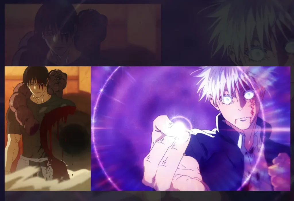 A conclusão brutal da segunda luta entre Gojo e Toji Fushiguro, onde um Gojo renascido utiliza a técnica Púrpura (Hollow Purple) pela primeira vez para aniquilar seu oponente.