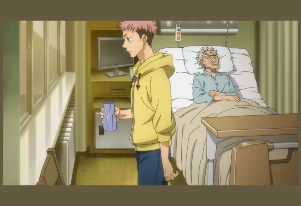 As 5 Principais Dúvidas da Primeira Temporada de Jujutsu Kaisen 3 Yuji Itadori ao lado de seu avô no leito de morte, a cena que introduz o mistério sobre o segredo por trás dos pais de Yuji em Jujutsu Kaisen.
