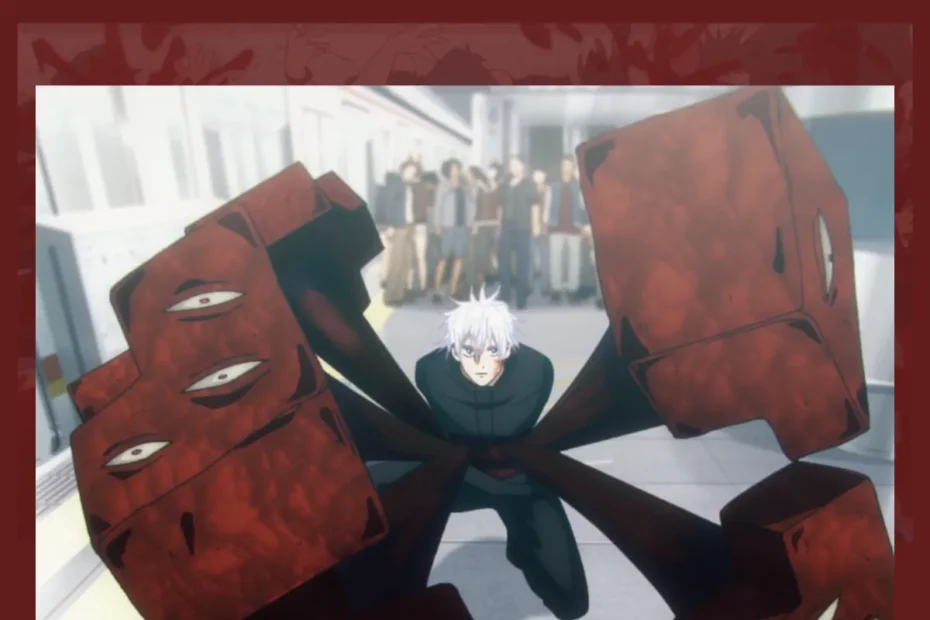 O momento do selamento de Satoru Gojo por Kenjaku utilizando o Reino da Prisão durante o Incidente de Shibuya em Jujutsu Kaisen.