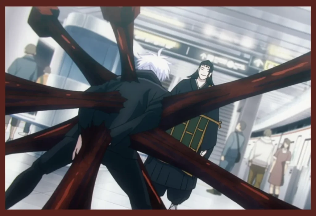 O confronto entre Satoru Gojo e Kenjaku, no corpo de Suguru Geto, o momento que explora a conexão emocional de Gojo e leva ao seu selamento no Incidente de Shibuya.
