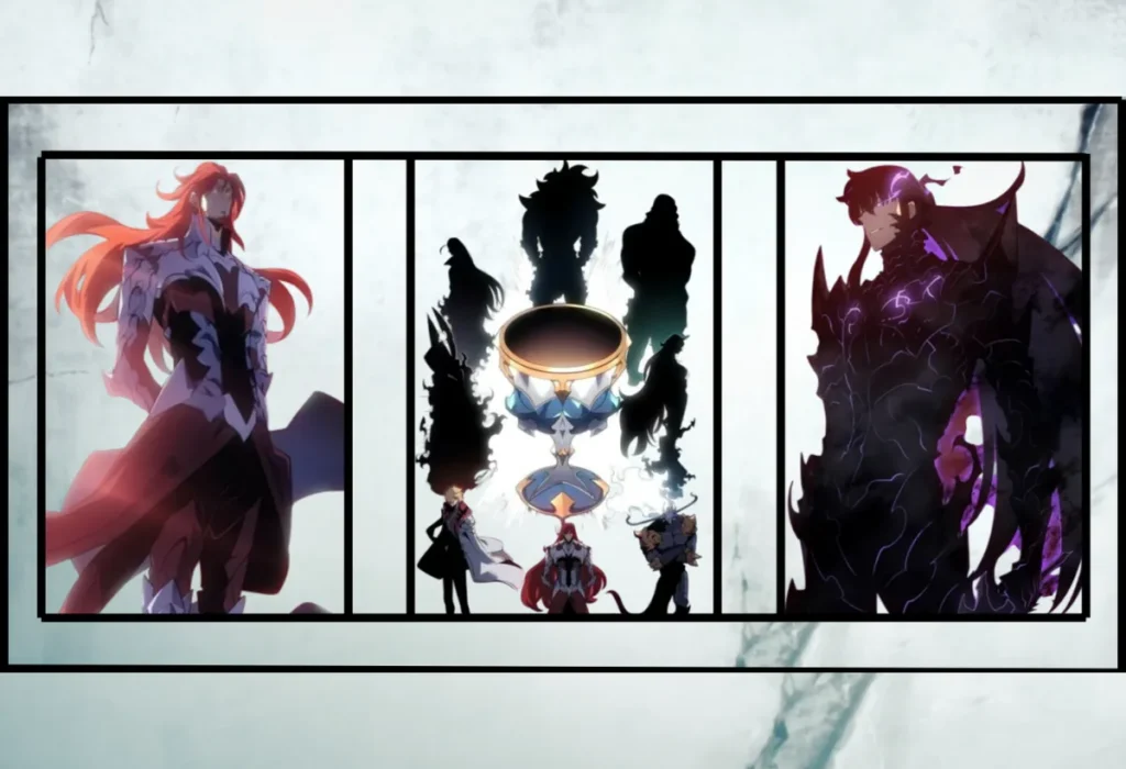 Montagem para a explicação do final do webtoon de Solo Leveling, mostrando a guerra cósmica: o Monarca Antares, os Soberanos e Monarcas, e Sung Jin-Woo em sua forma final de Monarca das Sombras.
