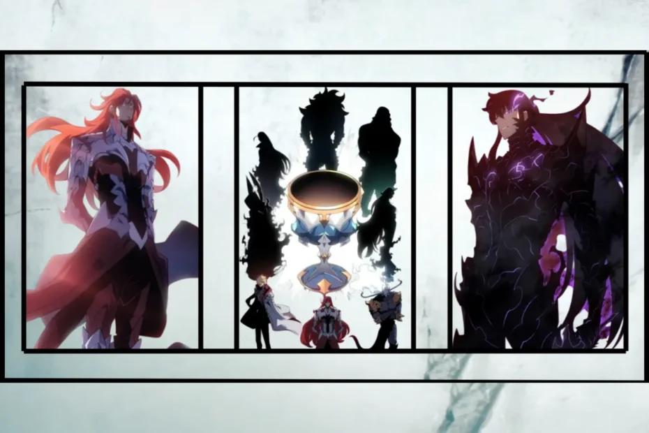 Montagem para a explicação do final do webtoon de Solo Leveling, mostrando a guerra cósmica: o Monarca Antares, os Soberanos e Monarcas, e Sung Jin-Woo em sua forma final de Monarca das Sombras.