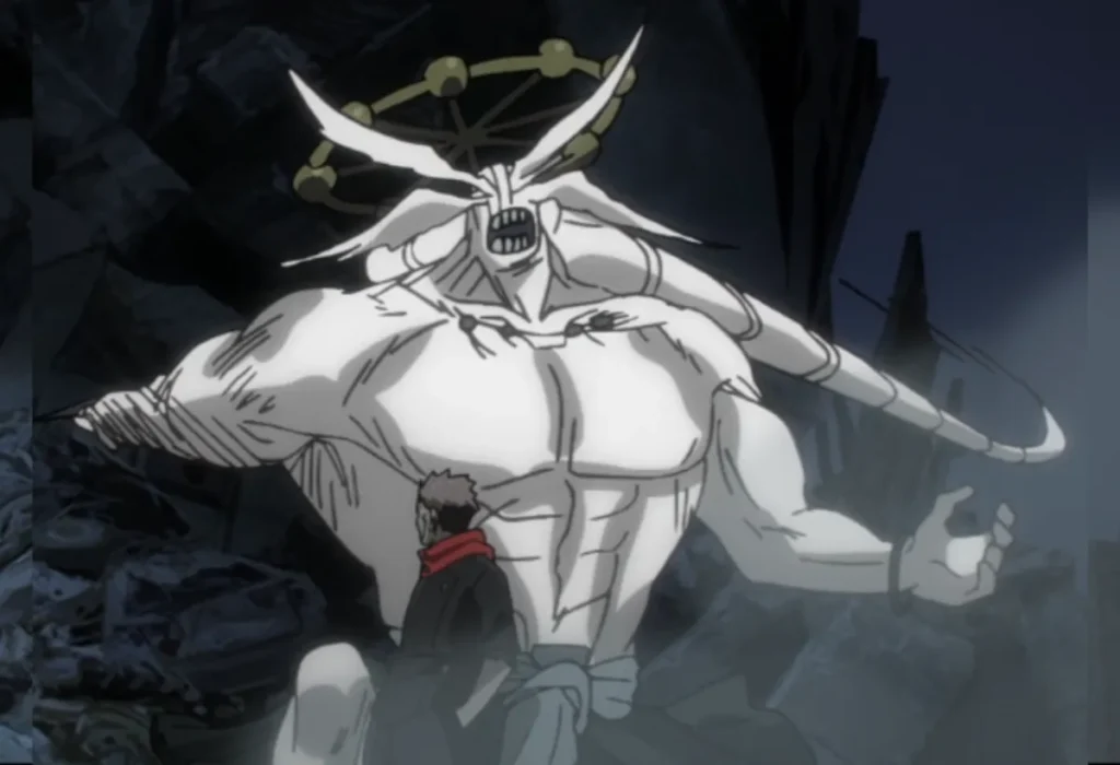 A batalha devastadora entre Ryomen Sukuna e a shikigami Mahoraga durante o Incidente de Shibuya em Jujutsu Kaisen, um dos confrontos mais destrutivos do arco.