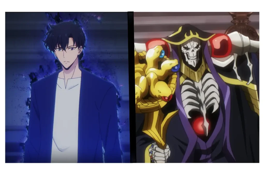 Solo Leveling e a Ascensão do Protagonista Overpowered: Uma Análise 2 Comparativo entre Sung Jin-Woo (Solo Leveling) e Ainz Ooal Gown (Overlord), mostrando a luta de Jin-Woo para manter a humanidade contra os dilemas morais do poder absoluto de Ainz.