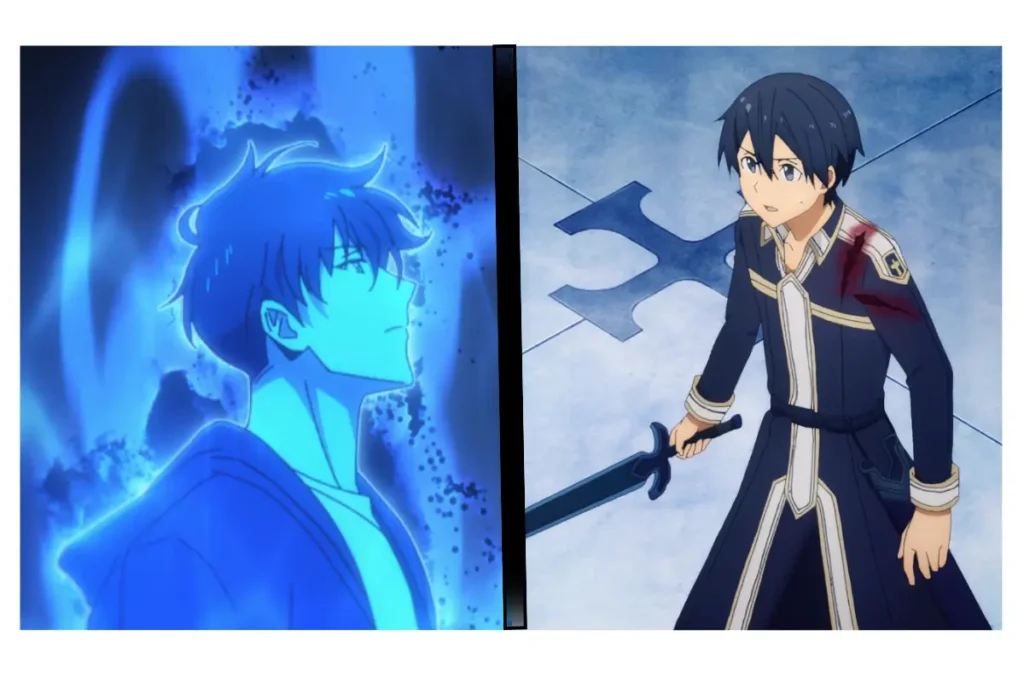 Solo Leveling e a Ascensão do Protagonista Overpowered: Uma Análise 3 Comparativo entre Sung Jin-Woo (Solo Leveling) e Kirito (Sword Art Online), contrastando o poder conquistado com sacrifício de Jin-Woo com o talento inato de Kirito.