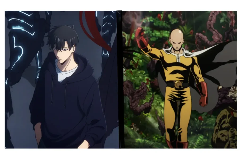 Solo Leveling e a Ascensão do Protagonista Overpowered: Uma Análise 1 Comparativo entre Sung Jin-Woo (Solo Leveling) e Saitama (One-Punch Man), contrastando a jornada de ascensão de Jin-Woo com o tédio existencial do poder absoluto de Saitama.