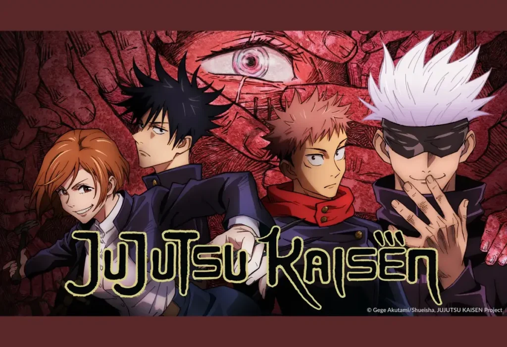 Pôster promocional da Temporada 1 de Jujutsu Kaisen, apresentando os personagens principais Yuji Itadori, Megumi Fushiguro, Nobara Kugisaki e Satoru Gojo, além de Sukuna ao fundo.