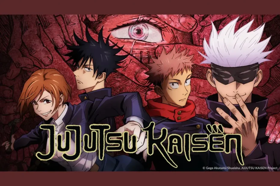 Pôster promocional da Temporada 1 de Jujutsu Kaisen, apresentando os personagens principais Yuji Itadori, Megumi Fushiguro, Nobara Kugisaki e Satoru Gojo, além de Sukuna ao fundo.