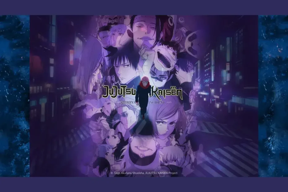 Banner promocional da Temporada 2 de Jujutsu Kaisen, destacando os personagens chave dos arcos do Passado de Gojo e do Incidente de Shibuya, incluindo Gojo, Geto, Yuji e o elenco principal.