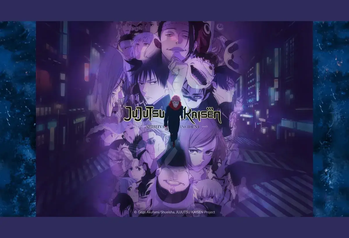 Banner promocional da Temporada 2 de Jujutsu Kaisen, destacando os personagens chave dos arcos do Passado de Gojo e do Incidente de Shibuya, incluindo Gojo, Geto, Yuji e o elenco principal.