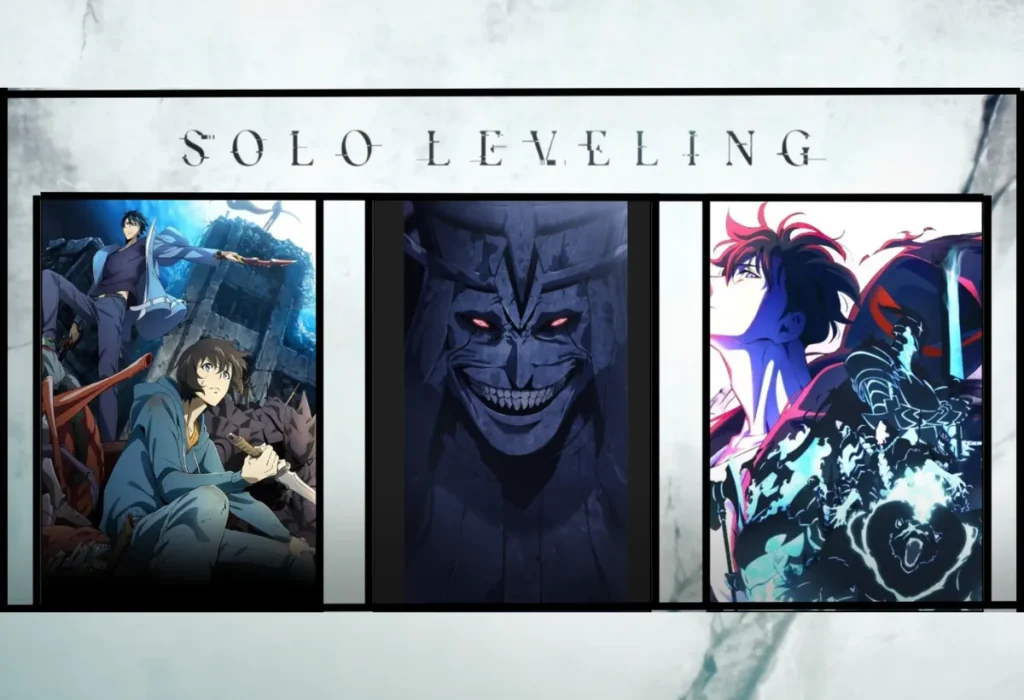 Montagem com pôsteres da primeira e segunda temporada de Solo Leveling, juntamente com a imagem do Arquiteto da Masmorra Dupla, antecipando os novos desafios épicos da aguardada Terceira Temporada de Solo Leveling.