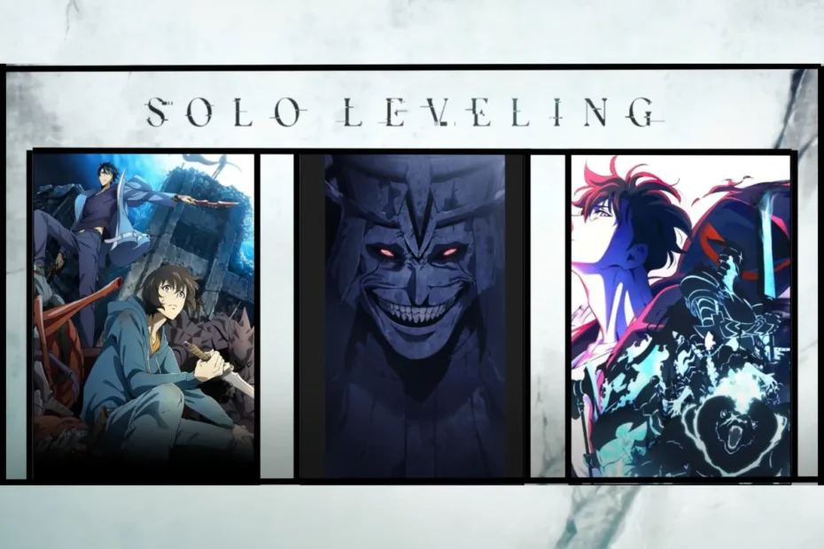 Montagem com pôsteres da primeira e segunda temporada de Solo Leveling, juntamente com a imagem do Arquiteto da Masmorra Dupla, antecipando os novos desafios épicos da aguardada Terceira Temporada de Solo Leveling.