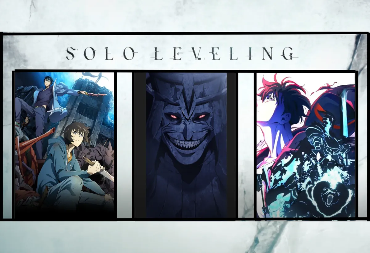 Montagem com pôsteres da primeira e segunda temporada de Solo Leveling, juntamente com a imagem do Arquiteto da Masmorra Dupla, antecipando os novos desafios épicos da aguardada Terceira Temporada de Solo Leveling.