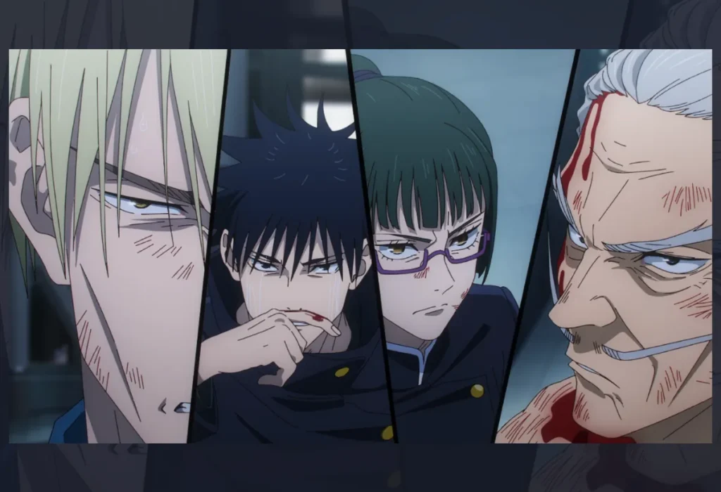 Kento Nanami, Maki Zenin, Megumi Fushiguro e Naobito Zenin confrontam a ameaçadora maldição Dagon durante o Incidente de Shibuya, momentos antes de sua Expansão de Domínio.