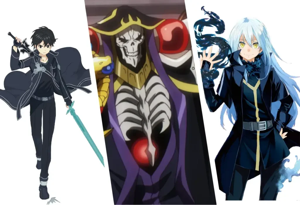 Por que Amamos Protagonistas Overpowered? Uma Análise do Apelo dos Heróis Invencíveis 3 Ilustração dos diferentes tipos de protagonista overpowered, mostrando Kirito (o Gênio Nato), Ainz Ooal Gown (o Deus Acidental) e Rimuru Tempest (O Conquistador).