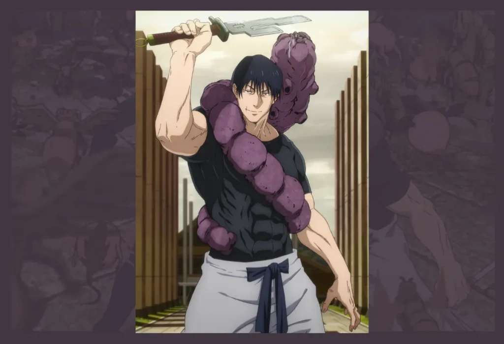 Toji Fushiguro: Quem é o 'Assassino de Feiticeiros' e Qual o Seu Poder? 3 Toji Fushiguro com seu arsenal amaldiçoado em Jujutsu Kaisen, carregando sua maldição de inventário e empunhando uma de suas ferramentas de grau especial.