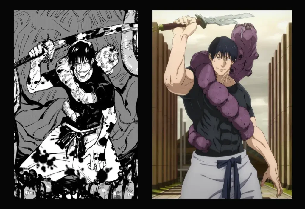 Guia Completo da Temporada 2 de Jujutsu Kaisen (Shibuya, Passado de Gojo e Análise) 2 Montagem comparando a aparência de Toji Fushiguro, o 'Assassino de Feiticeiros', no mangá e no anime de Jujutsu Kaisen, o homem que quebrou os deuses com sua Restrição Celestial.