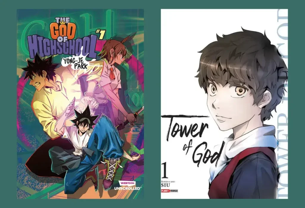 O Futuro dos Webtoons: Como o Sucesso de Solo Leveling Está Mudando a Indústria do Anime 4 Capas dos webtoons 'The God of High School' e 'Tower of God', exemplos de adaptações de sucesso que vieram antes de Solo Leveling.