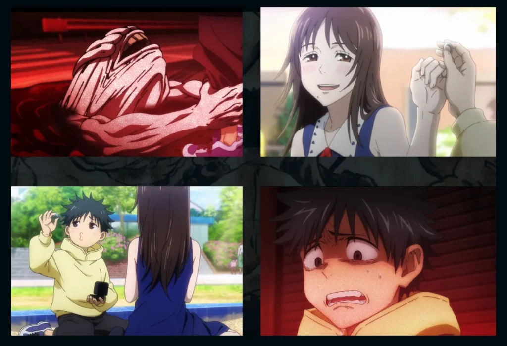 Montagem mostrando a história de Yuta e Rika, ilustrando o legado de Jujutsu Kaisen 0 e o tema central de que 'o amor é a maldição mais distorcida de todas'.