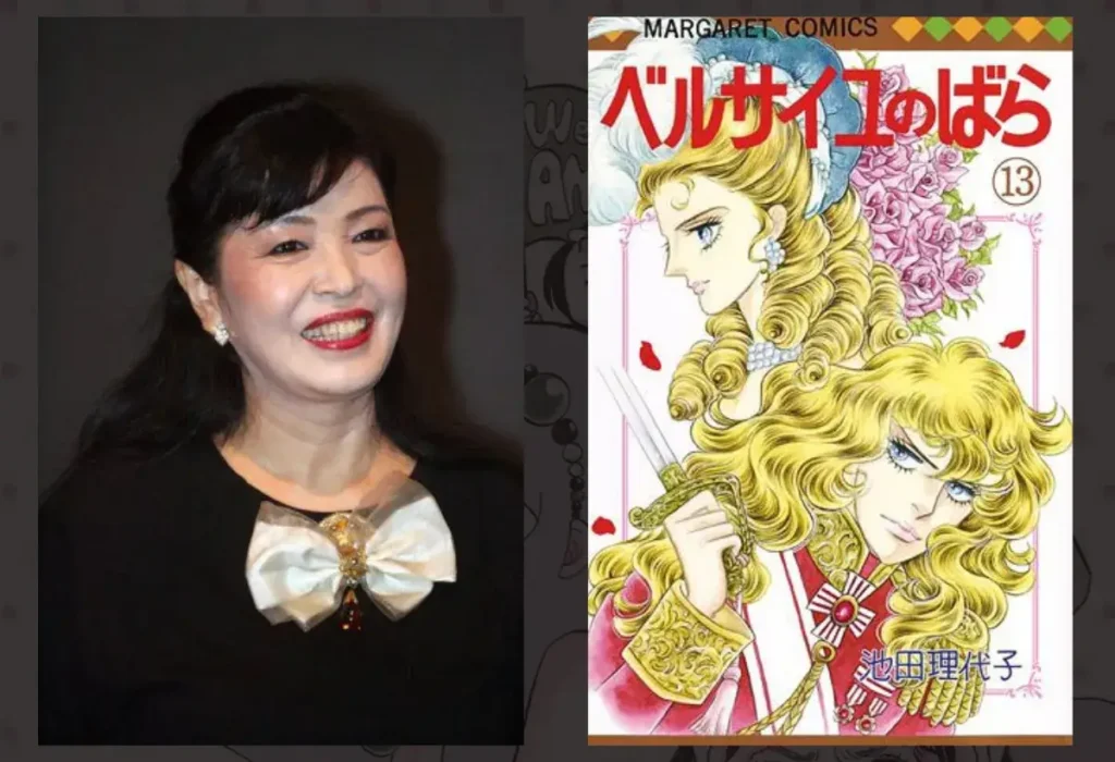 Montagem da autora Riyoko Ikeda com a capa do mangá "A Rosa de Versalhes", principal obra do Grupo do Ano 24 disponível para ler no Brasil pela editora JBC.