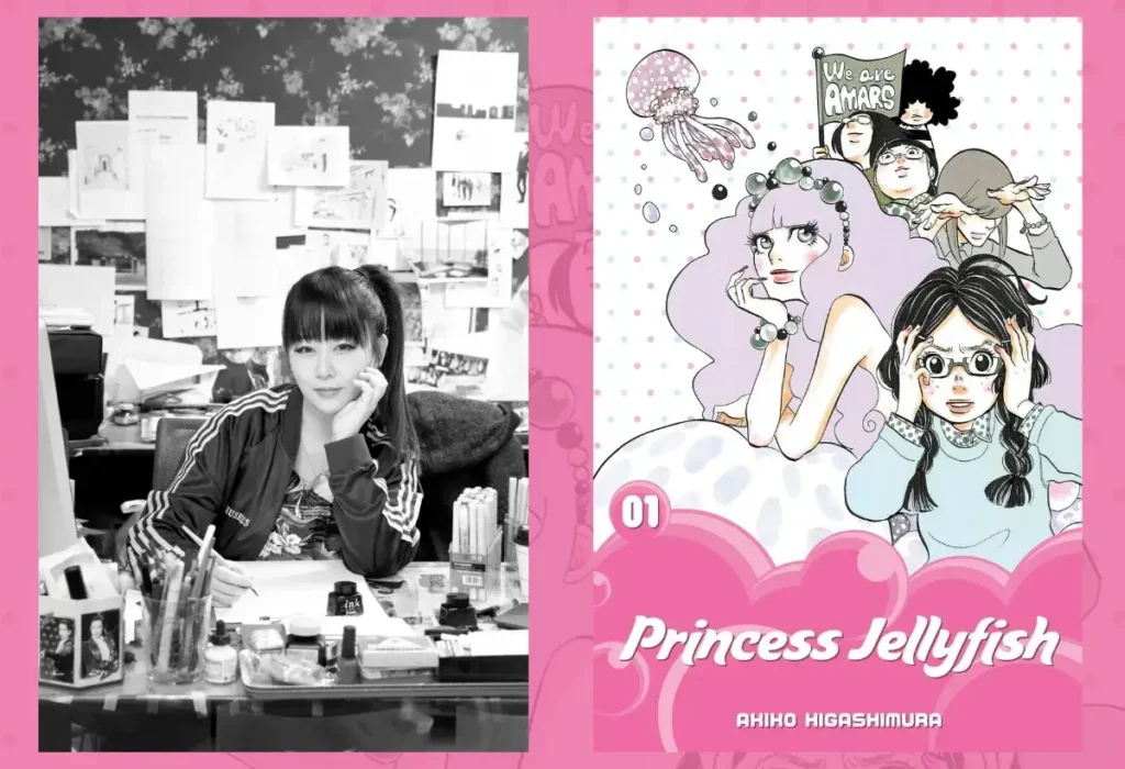 Mulheres Mangakas: A Revolução Silenciosa que Moldou o Mangá Moderno 12 A mangaká Akiko Higashimura em seu estúdio, exemplo de uma criadora que desafiou o preconceito na indústria. Ao lado, a capa de 'Princess Jellyfish', obra que prova o sucesso de sua visão única, contrariando editores que diziam que 'mulheres não entendem de ação'.