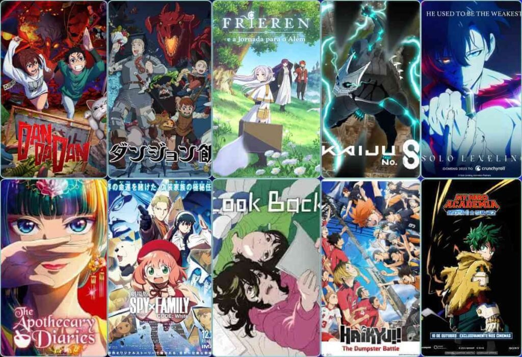 Montagem com os banners dos principais animes indicados ao Anime Awards 2025 da Crunchyroll, destacando concorrentes como Solo Leveling e DAN DA DAN em um guia completo sobre os vencedores.