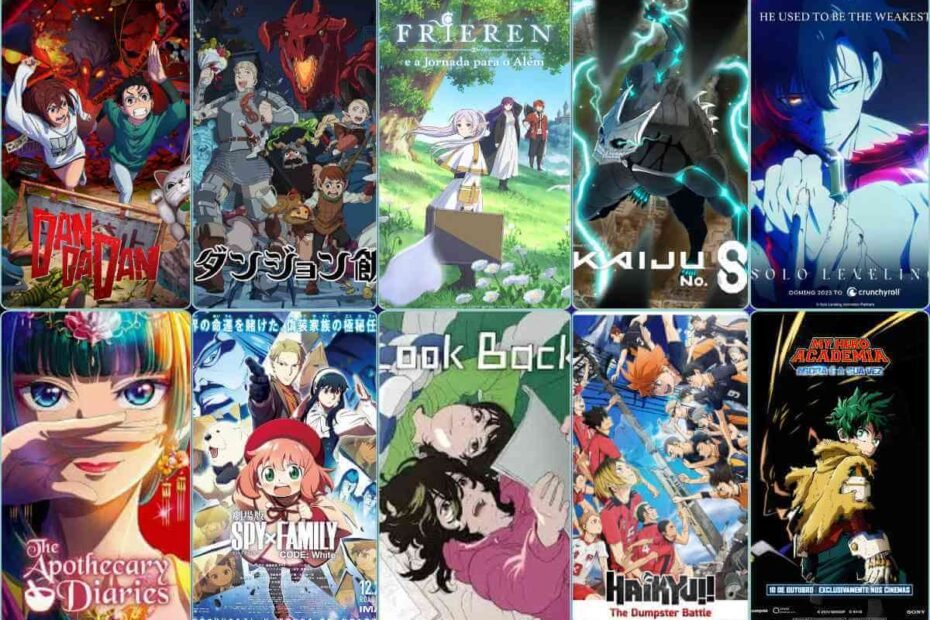 Montagem com os banners dos principais animes indicados ao Anime Awards 2025 da Crunchyroll, destacando concorrentes como Solo Leveling e DAN DA DAN em um guia completo sobre os vencedores.