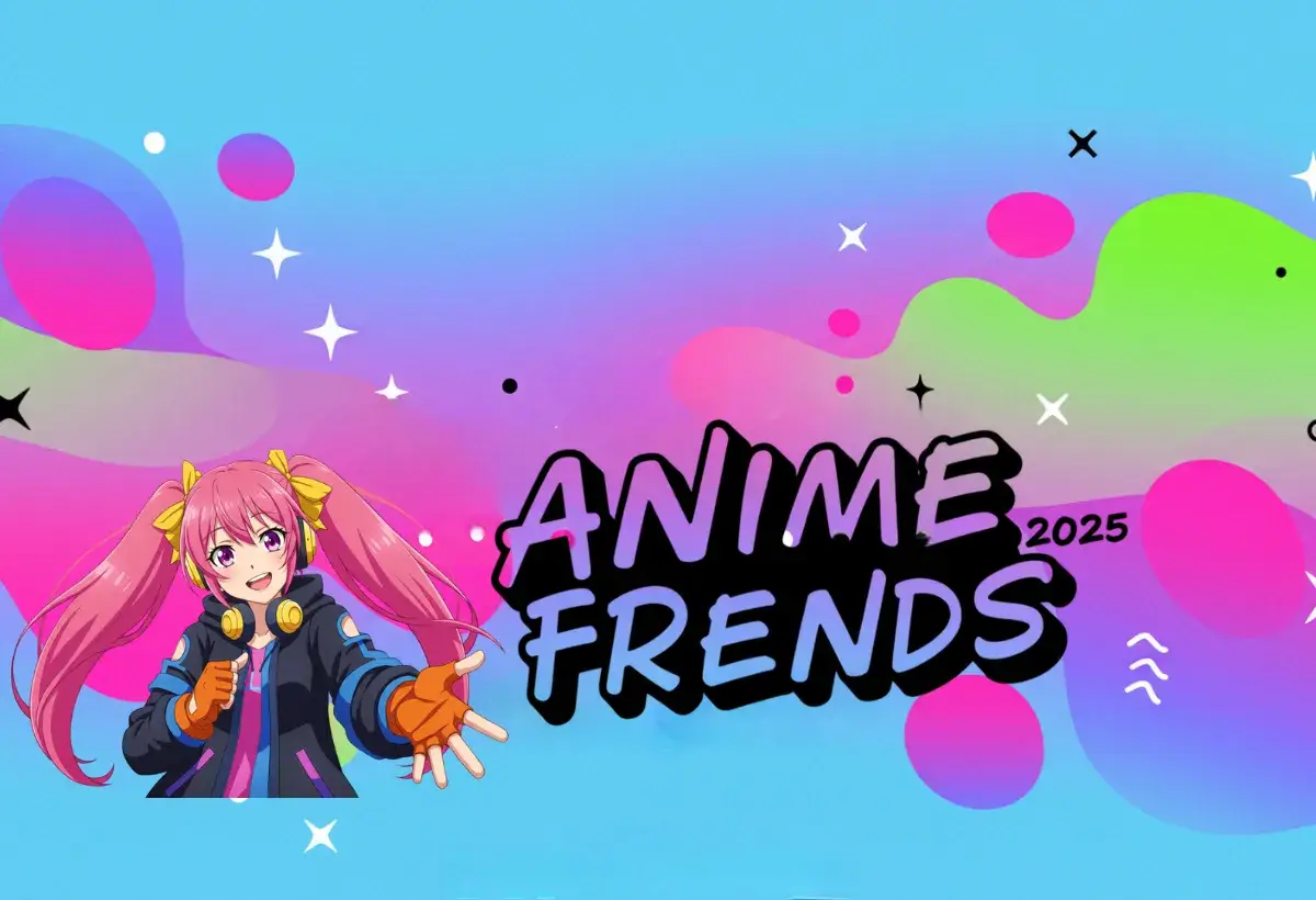 Banner de destaque do guia completo do Anime Friends 2025, o maior festival do anime no Brasil, com a logo do evento e uma personagem de anime em um fundo colorido vibrante.