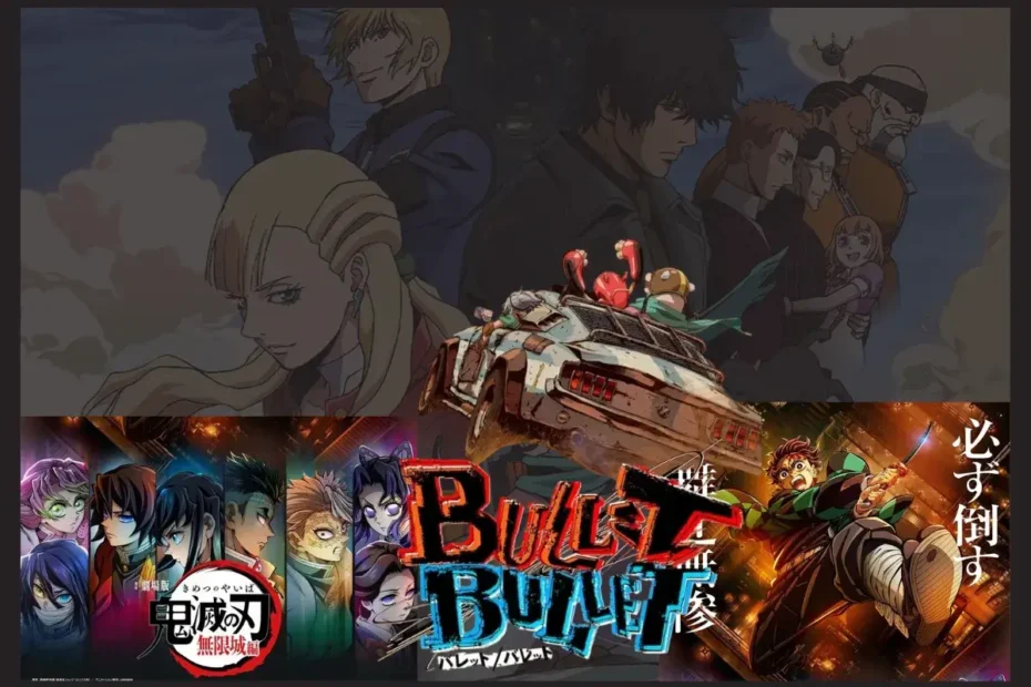 Guia de animes 2025 filmes e ONAs, com montagem destacando o filme Kimetsu no Yaiba Castelo Infinito, o ONA Bullet/Bullet e o filme de Psycho-Pass.