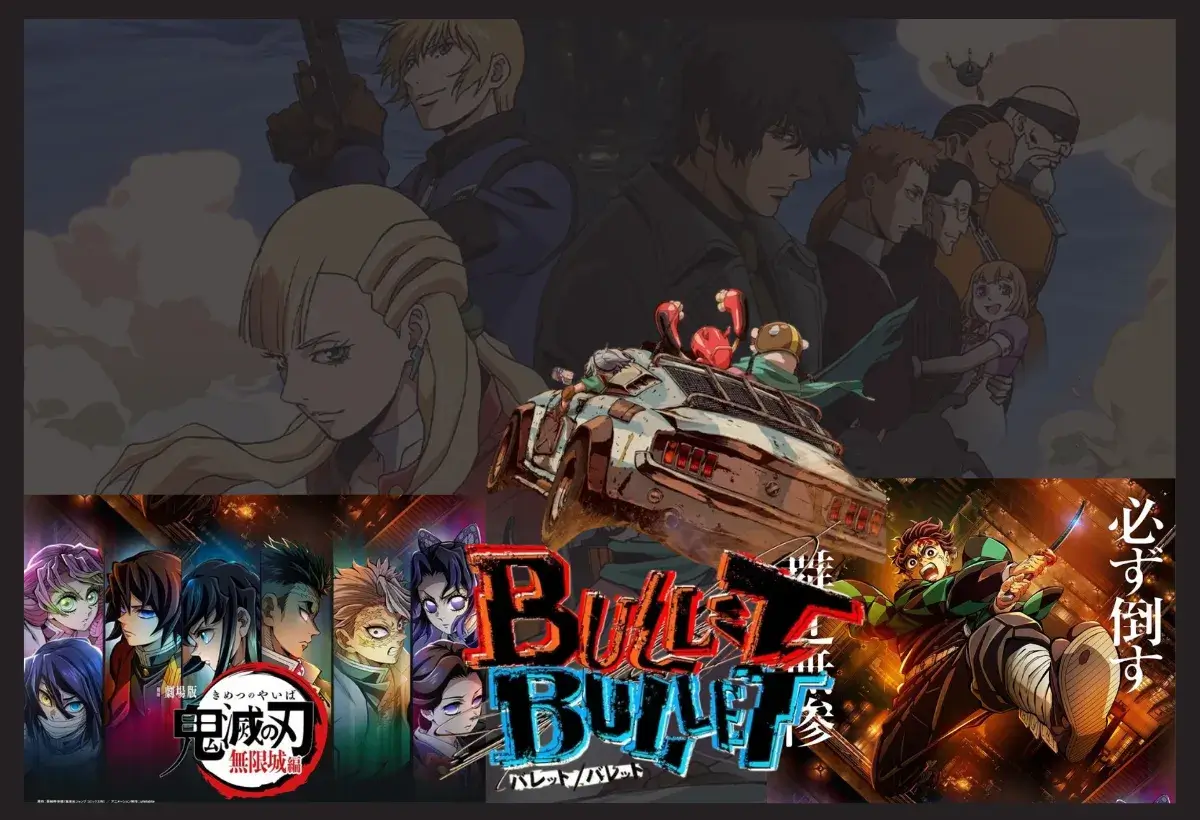 Guia de animes 2025 filmes e ONAs, com montagem destacando o filme Kimetsu no Yaiba Castelo Infinito, o ONA Bullet/Bullet e o filme de Psycho-Pass.