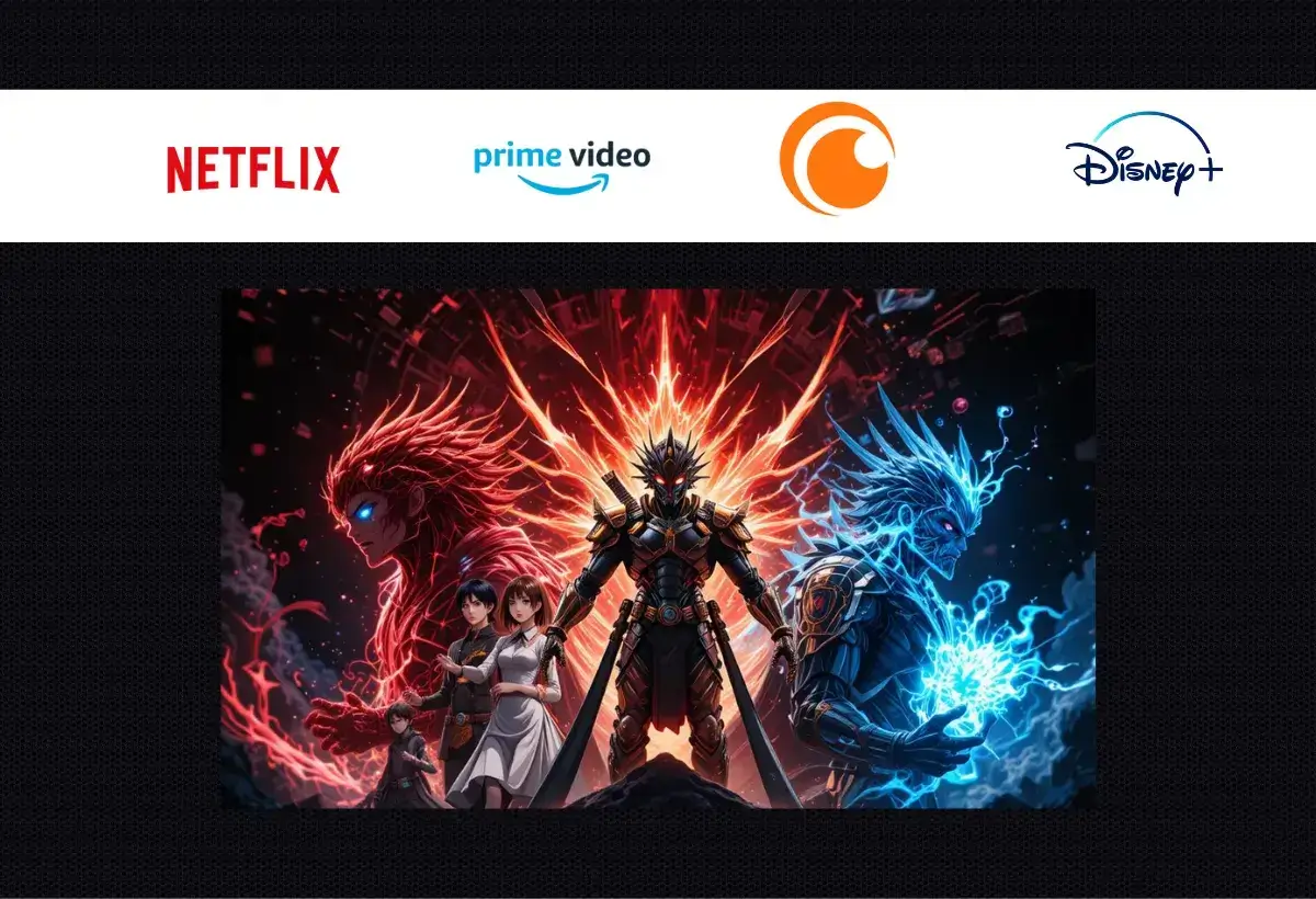 Guia de onde assistir aos animes da temporada de Verão, com uma ilustração de personagens e os logos da Netflix, Crunchyroll, Prime Video e Disney+.