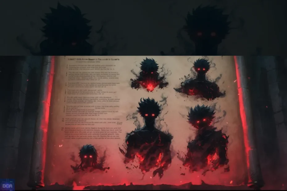 Um antigo pergaminho detalhando a evolução de uma entidade sombria com olhos vermelhos, representando o panteão dos melhores animes de fantasia sombria que marcam a alma.