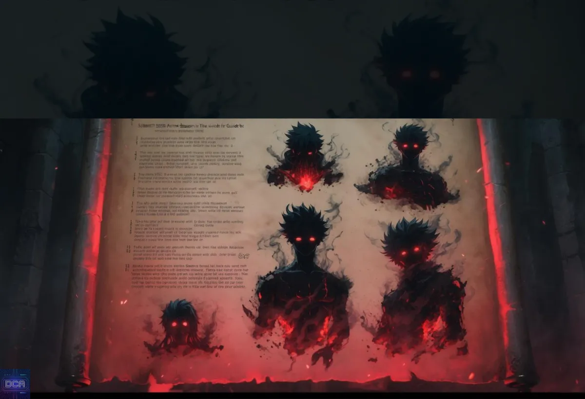 Um antigo pergaminho detalhando a evolução de uma entidade sombria com olhos vermelhos, representando o panteão dos melhores animes de fantasia sombria que marcam a alma.