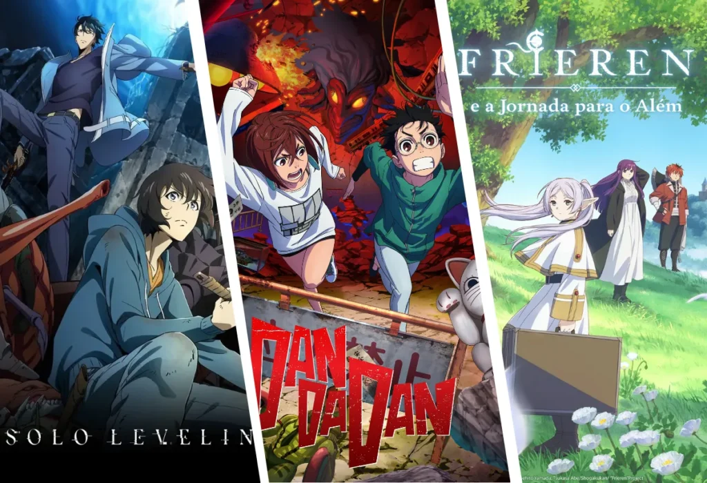 Montagem com os pôsteres de Solo Leveling, DAN DA DAN e Frieren, alguns dos animes mais premiados e maiores vencedores do Crunchyroll Anime Awards 2025.
