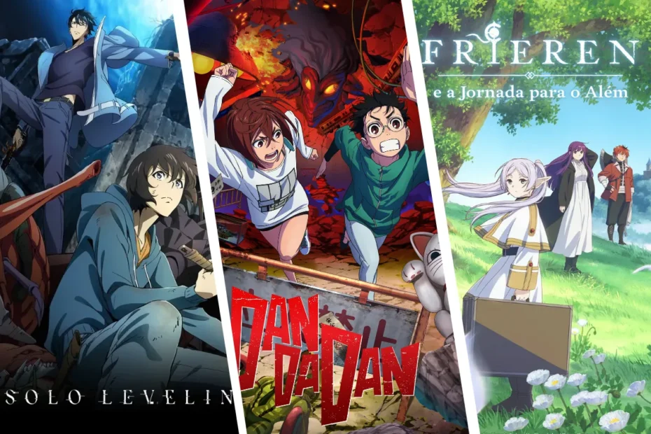 Montagem com os pôsteres de Solo Leveling, DAN DA DAN e Frieren, alguns dos animes mais premiados e maiores vencedores do Crunchyroll Anime Awards 2025.