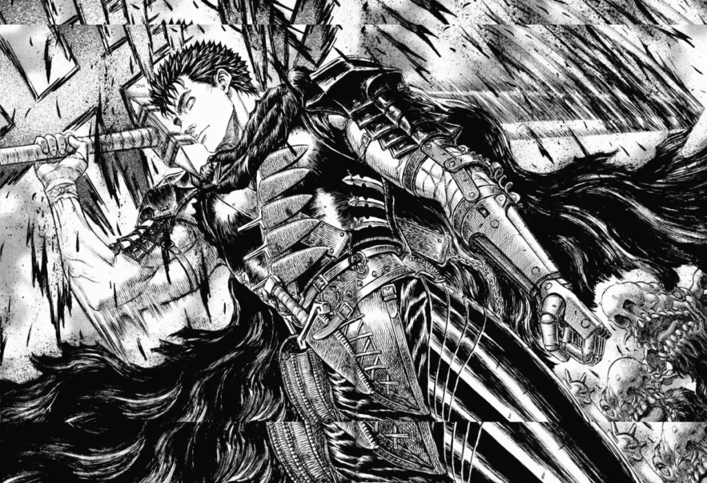 Fantasia sombria: Desvendando a Profundidade e o Impacto Desse Gênero Cativante em Animes, Mangás e Manhwas 8 Painel do mangá de Berserk mostrando o anti-herói Guts em sua armadura, um reflexo honesto da complexidade humana e da necessidade de brutalidade para sobreviver em mundos de fantasia sombria.