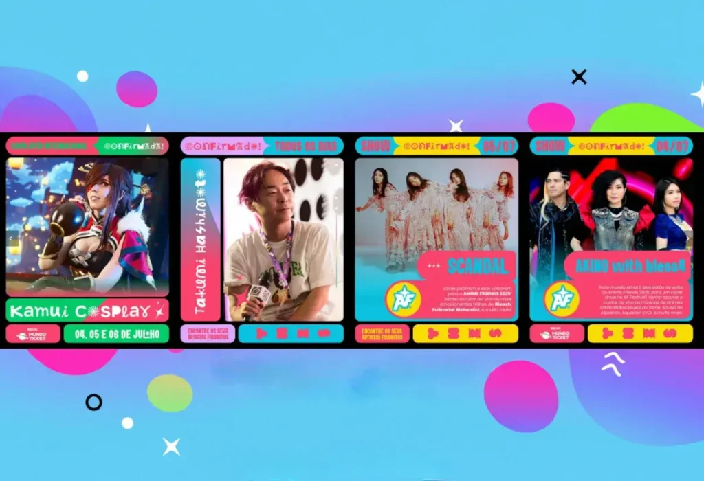 Anime Friends 2025: Tudo sobre o Maior Evento de Cultura Pop Asiática da América Latina 5 Lineup com as principais atrações e shows confirmados para o Anime Friends 2025, destacando a cosplayer Kamui, a banda SCANDAL, e outros artistas internacionais.